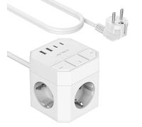 Multipresa USB JSVER con Porte di Ricarica 2A e 2C, Presa di Corrente a 3 vie con 3 Interruttori Individuali, Multipresa a Cubo con Prolunga 2M per Casa e Ufficio (Bianco)