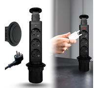 Multipresa Verticale da Incasso Estraibile con 3 Prese Schuko, Presa Retrattile da Tavolo e Scrivania, Cavo 1,8m, Colore Nero, Foro Ø60mm