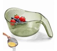 Multipurpose Rice Washing Bowl Strainer with Ergonomic Silicone Handle, Clear Plastic Colander for Quinoa, Vegetables & Fruits, Aesthetic Kitchen Drain Basket (Green)