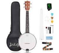 Mulucky Banjolele, 4 corde, Banjo-Ukulele, dimensioni da concerto, 58,9 cm, fondo in legno massello chiuso, set per principianti con supporto per il manico, borsa per concerti, accordatore, cordiera