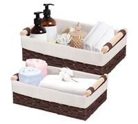 mumisuto 2 Pezzi Cestini Portaoggetti in Vimini, Cestini Vimini da Scaffale, Cestini Portaoggetti con Manici in Legno, Decorazione Scatole da Bagno, Organizer Cucina Camera da Letto (Marrone)