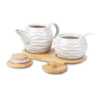mumisuto Set Latte e Zucchero,Brocca per latte in Ceramica e Zuccheriera con Coperchio e Cucchiaio,Accessori da Bar con Vassoio in Legno per Casa e Cucina,Adatto a microonde e lavastoviglie (onde)