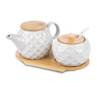 mumisuto Set Latte e Zucchero,Brocca per latte in Ceramica e Zuccheriera con Coperchio e Cucchiaio,Accessori da Bar con Vassoio in Legno per Casa e Cucina,Adatto a microonde e lavastoviglie (rombi)