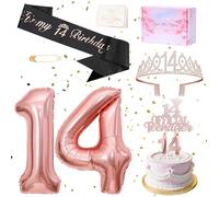 Mumjooyi Decorazione per Ragazza del 14° Compleanno per 14° Compleanno 14° Fusciacca e Diadema Candele Palloncini per Feste per Ragazze Forniture Regali per Adolescenti