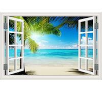 MUMUWUSG Adesivi Murali Finestra 3D Cielo Mare Spiaggia Alberi Stampa 3D Camera Da Letto Decorazione Domestica Scenario Fai Da Te Adesivo Murale Arte Paesaggio Pvc Decalcomanie 120X80Cm