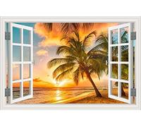 MUMUWUSG Adesivi Murali Finestra 3D Tramonto Alberi Spiaggia Paesaggio Adesivo Adesivi Da Muro Finestra Vinile Pvc Adesivi Murali Interne 3D Pellicola Adesiva Poster Sticker Murale 120X80Cm