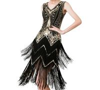 MUNAFIE Abito con paillettes anni 20 - Abito con frange, scollo a V - Abito con paillettes da donna - Abito da festa Gatsby Charleston Flapper - Abito da festa con costume, nero/oro, XL