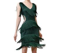 MUNAFIE Abito da donna anni '20, abito con frange con paillettes, abito da festa Gatsby Charleston, abito da festa da donna, verde, L
