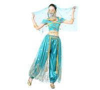 MUNAFIE Costume da gelsomino da donna per danza del ventre, costume da principessa da donna (top + pantaloni, velo per la testa + cinturino), taglia M, verde