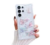 MUNDULEA Compatible with Samsung Galaxy S25 Ultra Case Clear Women Girly Cute Pink Butterfly Flexible TPU Stars Sparkle Glitter Shockproof Protective Phone Case for Galaxy S25 Ultra (Pink Butterfly)
