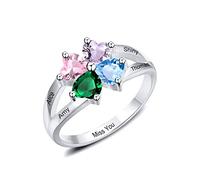MunkiMix 925 Argento Sterling Anello Incisione 2/3/4 Nome Testo Personalizzato con Pietre di Nascita per Le Donne San Valentino Festa della Mamma Regalo di Gioielleria (4 Nomi, Taglia 20)