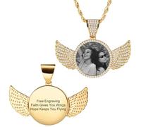 MunkiMix Personalizzata Hip Hop Ciondolo Collana per Uomo Donna Ciondolo Personalizzato in Rame Ala d'Angelo & Cerchio con Foto/Testo Inciso All'interno Memoria Collane con Foto Regalo per Amore -B3