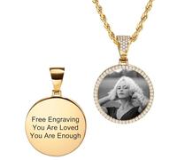 MunkiMix Personalizzata Hip Hop Ciondolo Collana per Uomo Donna Ciondolo Personalizzato in Rame Ala d'Angelo & Cerchio con Foto/Testo Inciso All'interno Memoria Collane con Foto Regalo per Amore -A3