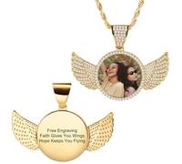 MunkiMix Personalizzata Hip Hop Ciondolo Collana per Uomo Donna Ciondolo Personalizzato in Rame Ala d'Angelo & Cerchio con Foto/Testo Inciso All'interno Memoria Collane con Foto Regalo per Amore -B1