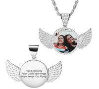 MunkiMix Personalizzata Hip Hop Ciondolo Collana per Uomo Donna Ciondolo Personalizzato in Rame Ala d'Angelo & Cerchio con Foto/Testo Inciso All'interno Memoria Collane con Foto Regalo per Amore -B2