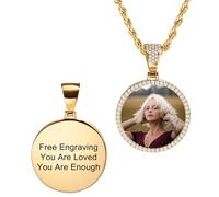 MunkiMix Personalizzata Hip Hop Ciondolo Collana per Uomo Donna Ciondolo Personalizzato in Rame Ala d'Angelo & Cerchio con Foto/Testo Inciso All'interno Memoria Collane con Foto Regalo per Amore -A1