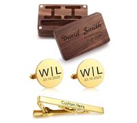 Munkimix Set di Gemelli e Fermacravatta con Iniziali Personalizzate con Scatola di Legno Incisa Set di Gemelli da Matrimonio in Argento/Oro Personalizzati per Marito Testimone Padre -C2