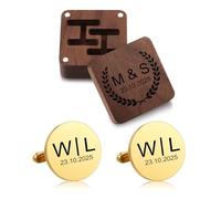 Munkimix Set di Gemelli e Fermacravatta con Iniziali Personalizzate con Scatola di Legno Incisa Set di Gemelli da Matrimonio in Argento/Oro Personalizzati per Marito Testimone Padre -B2