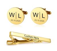 Munkimix Set di Gemelli e Fermacravatta con Iniziali Personalizzate con Scatola di Legno Incisa Set di Gemelli da Matrimonio in Argento/Oro Personalizzati per Marito Testimone Padre -A2