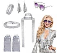 MUNSKT 70s 80s Disco Golden Accessories Set,Frame Bling Sunglasses Earrings Headband Bracciale Leg Warmers,6pcs Abba Accessories Set,Retro Disco Fancy Dress Kit for Women for Theme Party (Sliver)