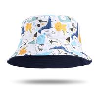 MUNSKT Cappello alla pescatora reversibile per bambini, blu scuro e dinosauro, con protezione UV, travestimento per la Giornata mondiale del libro, per festival estivi, uso all'aperto sulla spiaggia,