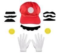 MUNSKT Confezione da 4 accessori per costume cosplay con body, cappello, berretto, baffi, guanti bianchi, costume da Bros, per donne e uomini