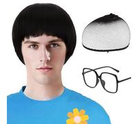 MUNSKT Men Short Black Bowl Cut Wig - Parrucca da mushroom dritta con frangette, 60s Funny Cosplay Wigs for Halloween Anime Costume Party Cosplay Costumi, Anime Parties