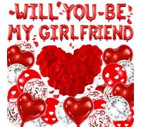 MUNSKT Palloncini con scritta "Will You Be My Girlfriend", in lattice con petali di rosa artificiali, set per San Valentino, proposta di confessione per San Valentino, anniversario (A)