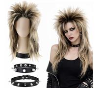 MUNSKT Set con bracciale a forma di pipistrello, lungo mullet per adulti, lungo vestito, lungo dritto, 70 s 80 s Mullet Rocker Wigs, Diva Rocker Fancy Dress Wig for Carnival Party Festival Halloween