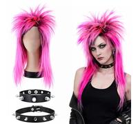 MUNSKT Set con bracciale a forma di pipistrello, lungo mullet per adulti, lungo vestito, lungo dritto, 70 s 80 s Mullet Rocker Wigs, Diva Rocker Fancy Dress Wig for Carnival Party Festival Halloween