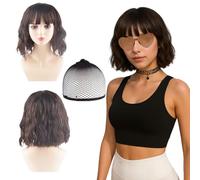 MUNSKT Set da 4 pezzi: parrucca con frange, con rete per capelli, occhiali da sole e collana, ideale per feste, cosplay, costumi storici e tutti i giorni, parrucca corta da donna