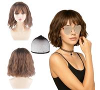 MUNSKT Set da 4 pezzi: parrucca di capelli corti marrone chiaro con frange, rete per capelli, occhiali da sole e collana, ideale per feste, cosplay, costumi storici e tutti i giorni, parrucca corta da