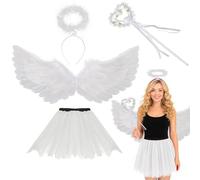 MUNSKT Set di 4 pezzi con gonna in tulle, ali d'angelo, aureola, bacchetta e ali d'angelo, per Halloween, carnevale, cosplay, feste, travestimenti da adulto