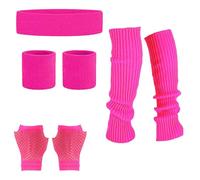 MUNSKT Set di 4 scaldamuscoli, guanti a rete con fascia e polsini al neon, accessori per costume da donna anni '80, costumi per feste a tema retrò anni '80, Rosa, Etichettalia unica