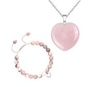 MUNSKT Set di bracciale a forma di cuore in pietra naturale e collana a forma di cuore rosa, bracciale regolabile e collana in cristallo di quarzo, adatto come regalo per donne, Nylon