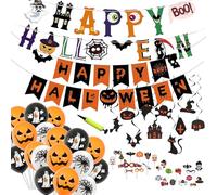 MUNSKT Set di decorazioni per feste di Halloween, 2 stili di striscioni, ornamenti da appendere a spirale, oggetti di scena fotografici e 2 confezioni di palloncini - per Halloween, giorno dei morti