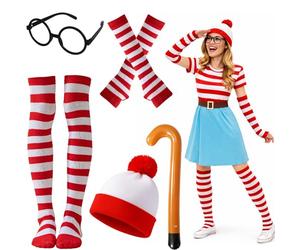 MUNSKT Wheres Wally Costume Set,Costume cappello alto-forma occhiali calzini guanti da donna rosso e bianco, vestito più fresco per la giornata mondiale del libro (cane)