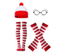 MUNSKT Wheres Wally Costume Set,Costume cappello di alta forma occhiali calzini Guanti di rosso e bianco da donna,vestito più fresco per la giornata mondiale del libro