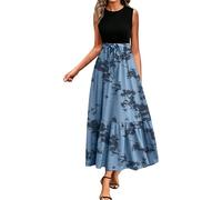 Munweiyu Abito da spiaggia da donna, lungo, estivo, senza maniche, con vita impero, scollo rotondo, per il tempo libero, Blu mare, S