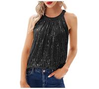 Munweiyu Camicetta da donna con paillette, scollo a V, stile vintage, camicette da cocktail, club, abbigliamento notturno, scollo rotondo, lucido, tunica, top largo, traspirante, streetwear, Nero