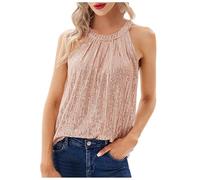 Munweiyu Camicetta da donna con paillette, scollo a V, stile vintage, camicette da cocktail, club, abbigliamento notturno, scollo rotondo, lucido, tunica, top largo, traspirante, streetwear, beige