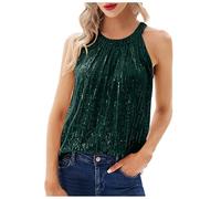 Munweiyu Camicetta da donna con paillette, scollo a V, stile vintage, camicette da cocktail, club, abbigliamento notturno, scollo rotondo, lucido, tunica, top largo, traspirante, streetwear, verde