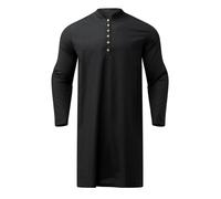 Munweiyu Camicia da uomo in cotone e lino, stile arabo, semplice, lunga camicia musulmana, a maniche lunghe, con bottoni, abbigliamento da preghiera, tunica musulmana kandoura, oversize, Nero , 4XL