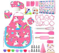 MUOIVG 49 Pezzi Set da Cucina per Bambini, Rosa Unicorno Set di Chef Gioco di Utensili Bambini da Accessori, Compreso Grembiule, Cappello da Chef, Guanti, Giocattolo Regali per Bambina 3-10 Anni