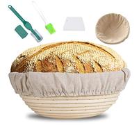 MUOIVG Cestino Rotondo da Lievitazione per Pane 25 x 25 x 8.5 cm,10" Cesto Lievitazione Pan 1000g in Rattan Naturale con Tela di Lino, Raschietto Pasta,Lame Taglierina Pane e Spazzola