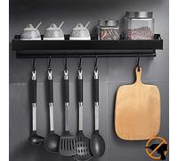 MUOIVG Portaspezie, supporto portaoggetti da cucina a parete con 6 ganci rimovibili, scaffale da cucina porta casseruola da parete senza foratura, alluminio, antiruggine, nero, 40 cm