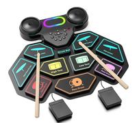 Muornos Set di batteria elettronica, 9 cuscinetti arrotolabili per batteria elettrica, con jack per cuffie, altoparlanti integrati, pedali, ottimo regalo di Natale e compleanno per bambini