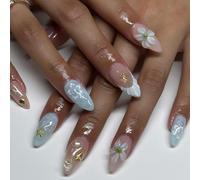 Muorruo 24 pezzi di unghie press-on blu estive con design di stelle e fiori 3D, mandorla media, unghie artistiche acriliche riutilizzabili in stile oceano e conchiglia, unghie da spiaggia estive per