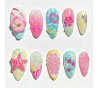 Muorruo 30 pezzi unghie estive da pressare, di media lunghezza, forma a mandorla, unghie artificiali con design floreale 3D e stella marina, unghie decorative da spiaggia, perle adesive sulle