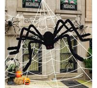 Muorruo 5 m Enorme Ragnatela, Ragno Peloso da 150 cm e ragnatele Elastiche, Decorazioni di Halloween, Ragno Artificiale Spaventoso con Enorme Ragnatela Triangolare, Grandi Oggetti di Scena